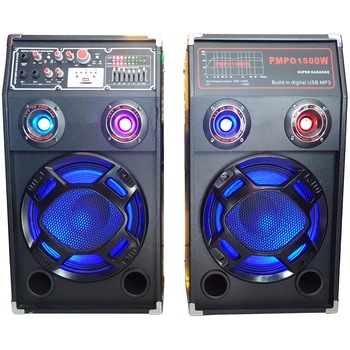 Boxe Active Profesionale , New Design - Blue Effect , Putere 2 x 120 W , Bluetooth , Telecomanda , USB , MicroSD , Microfon Inclus , Lumini Party , Negru